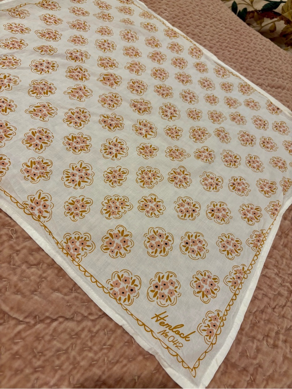 Super Cute Hemlock Bandanna Handkerchief Scarf with Pink & Gold Floral Motif